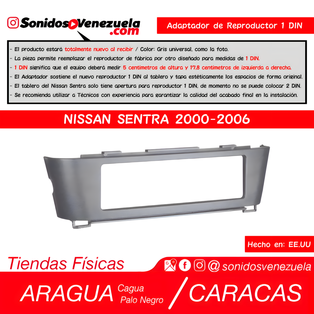 Adaptador de Reproductor 1 DIN Para Nissan Sentra 2000-2006 (Gris)