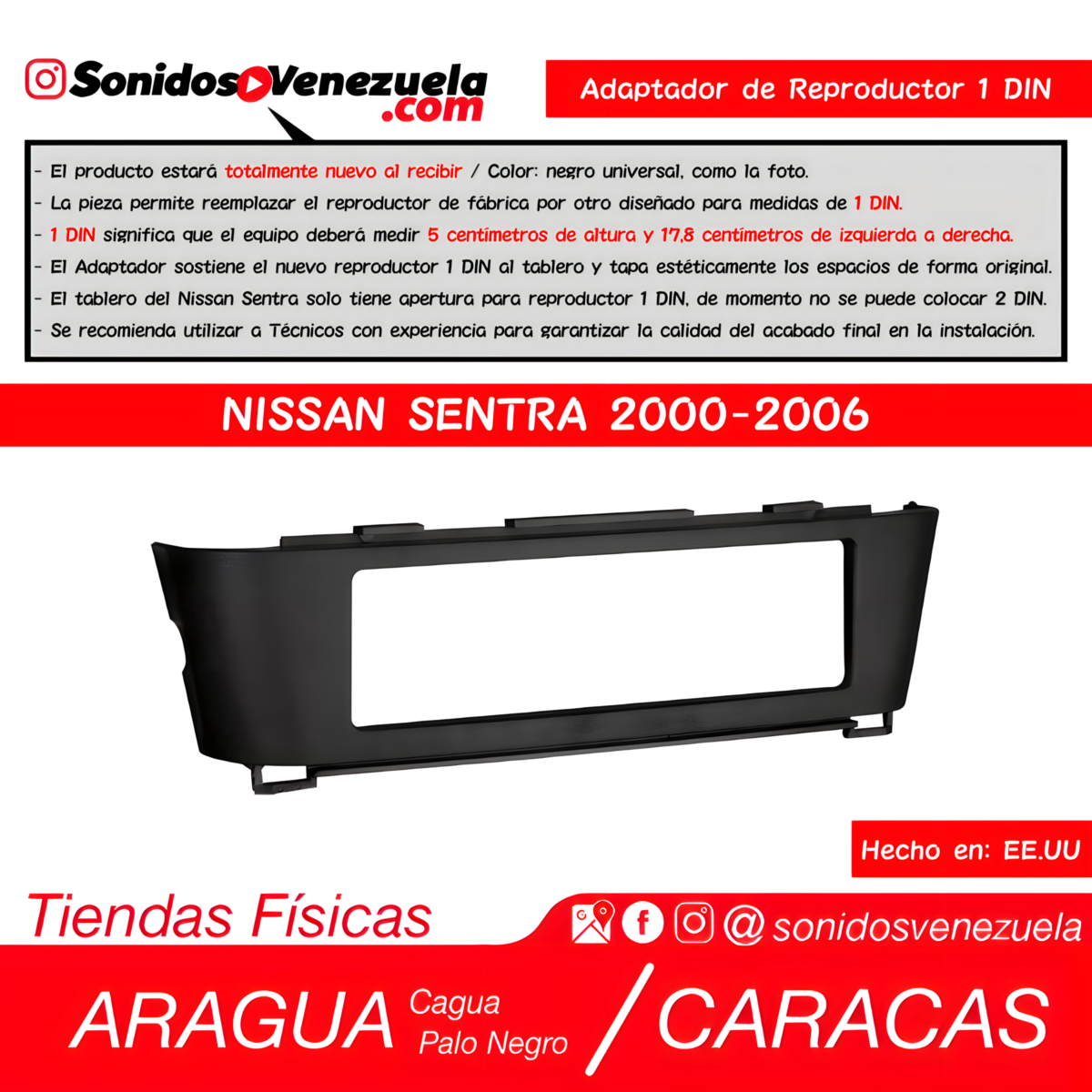 Adaptador de Reproductor 1 DIN Para Nissan Sentra 2000-2006 (Negro)