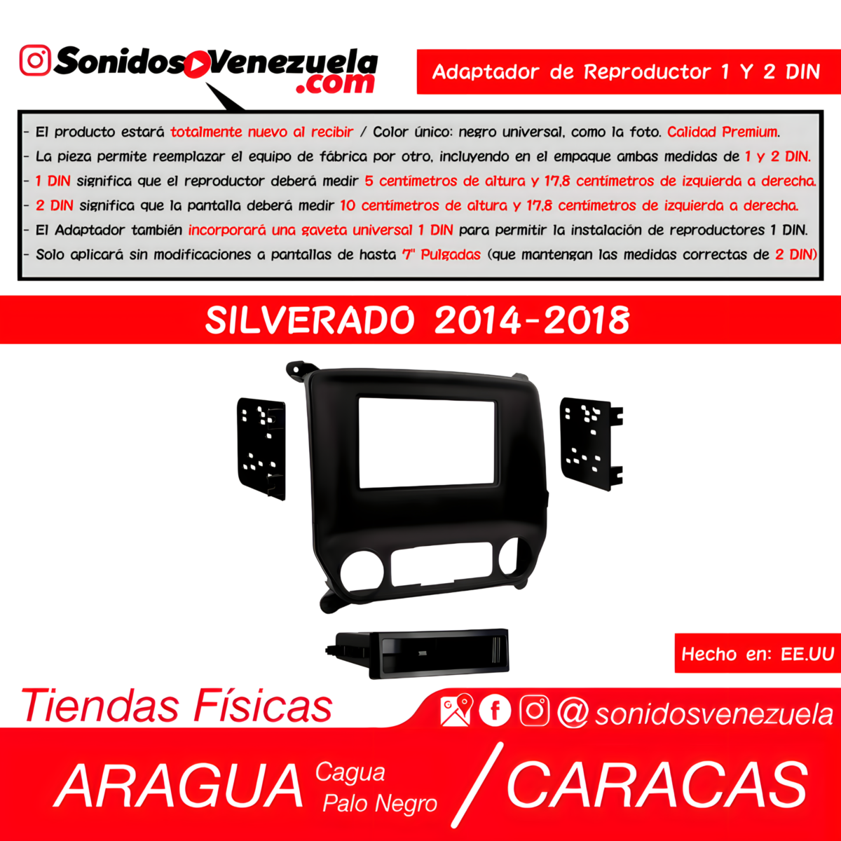Adaptador de Reproductor 1 y 2 DIN Para Chevrolet Silverado 2014-2018