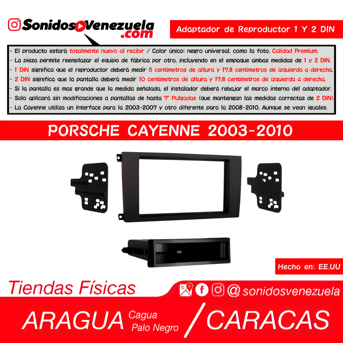 Adaptador de Reproductor 1 y 2 DIN Para Porsche Cayenne 2003-2010