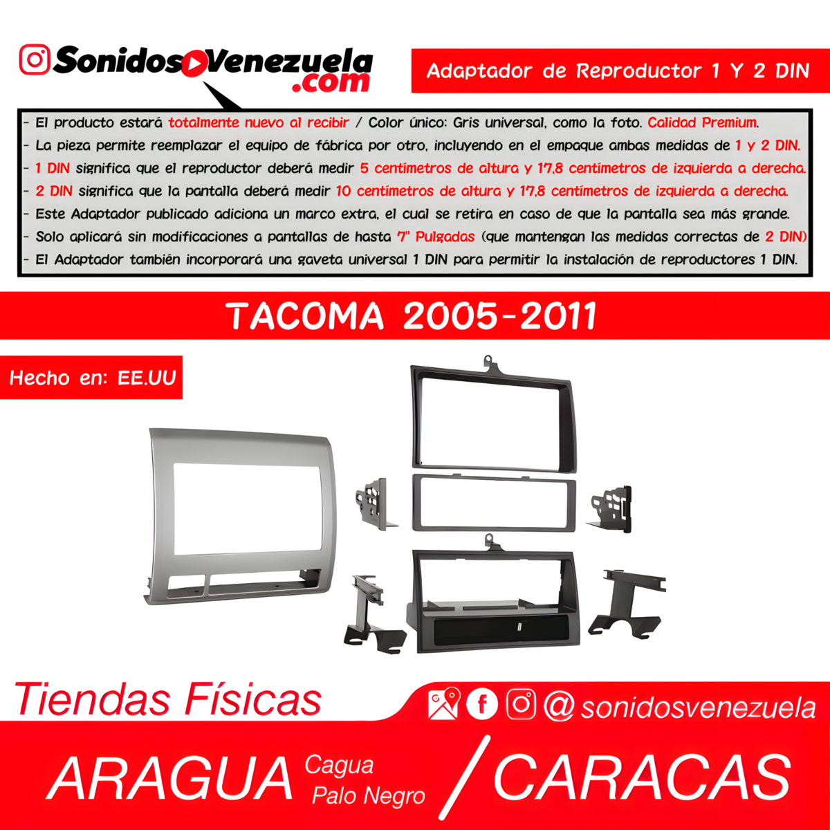 Adaptador de Reproductor 1 y 2 DIN Para Toyota Tacoma 2005-2011 (Gris)