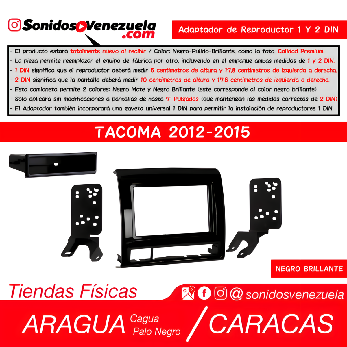 Adaptador de Reproductor 1 y 2 DIN Para Toyota Tacoma 2012-2015 (Negro Brillante)