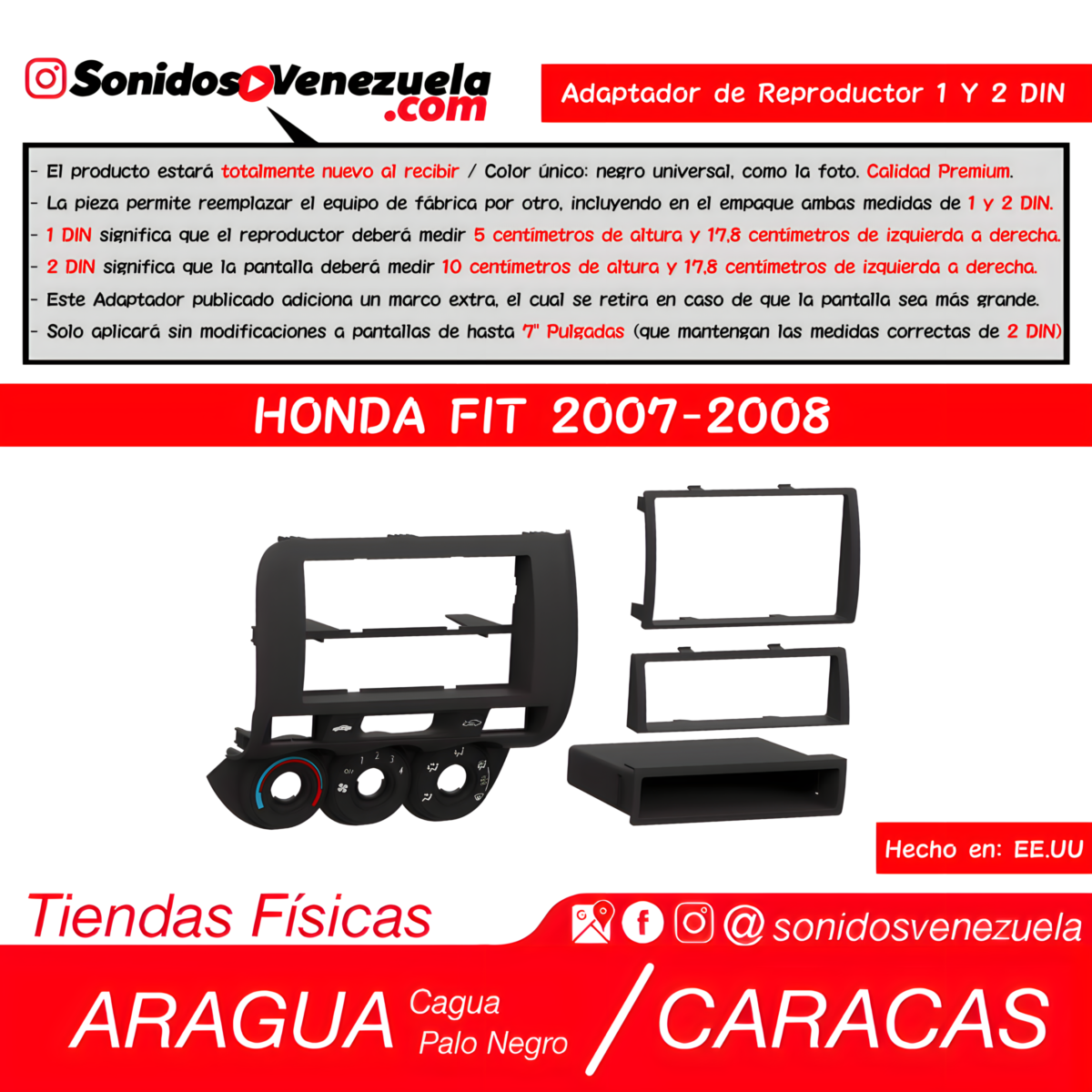 Adaptador de Reproductor 1 y 2 DIN Para Honda Fit 2007-2008