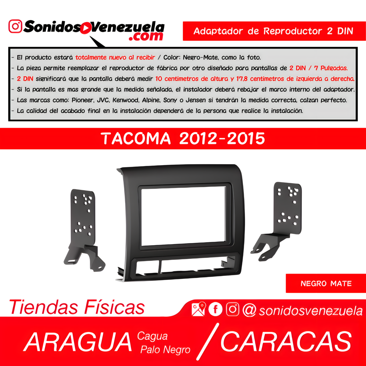 Adaptador de Reproductor 2 DIN Para Toyota Tacoma 2012-2015 (Negro Mate)