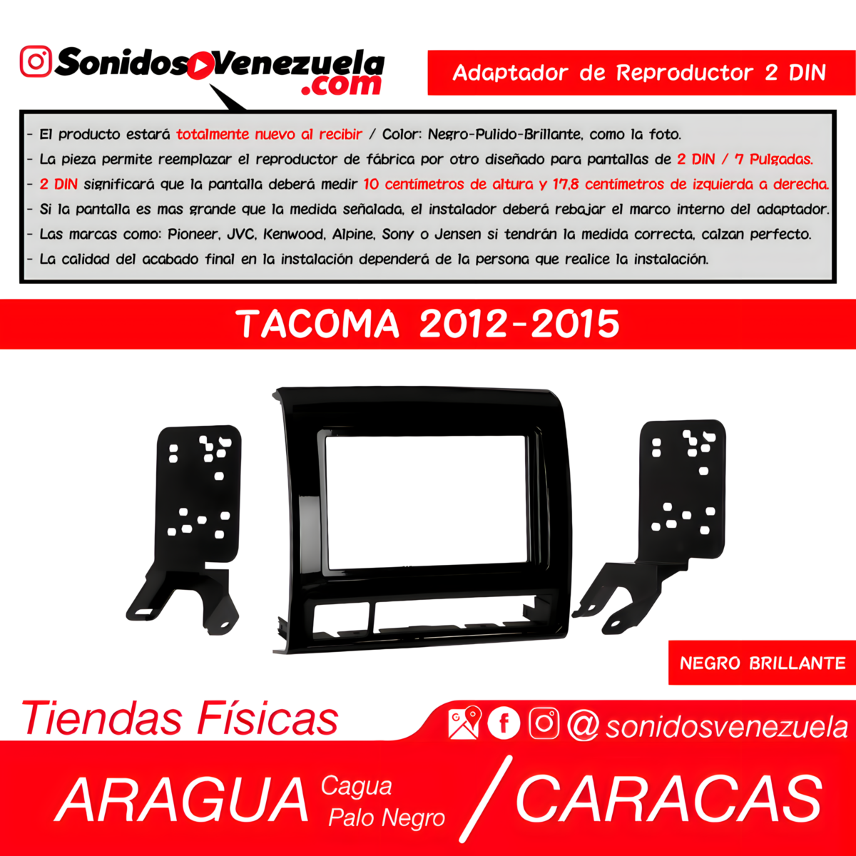 Adaptador de Reproductor 2 DIN Para Toyota Tacoma 2012-2015 (Negro Brillante)