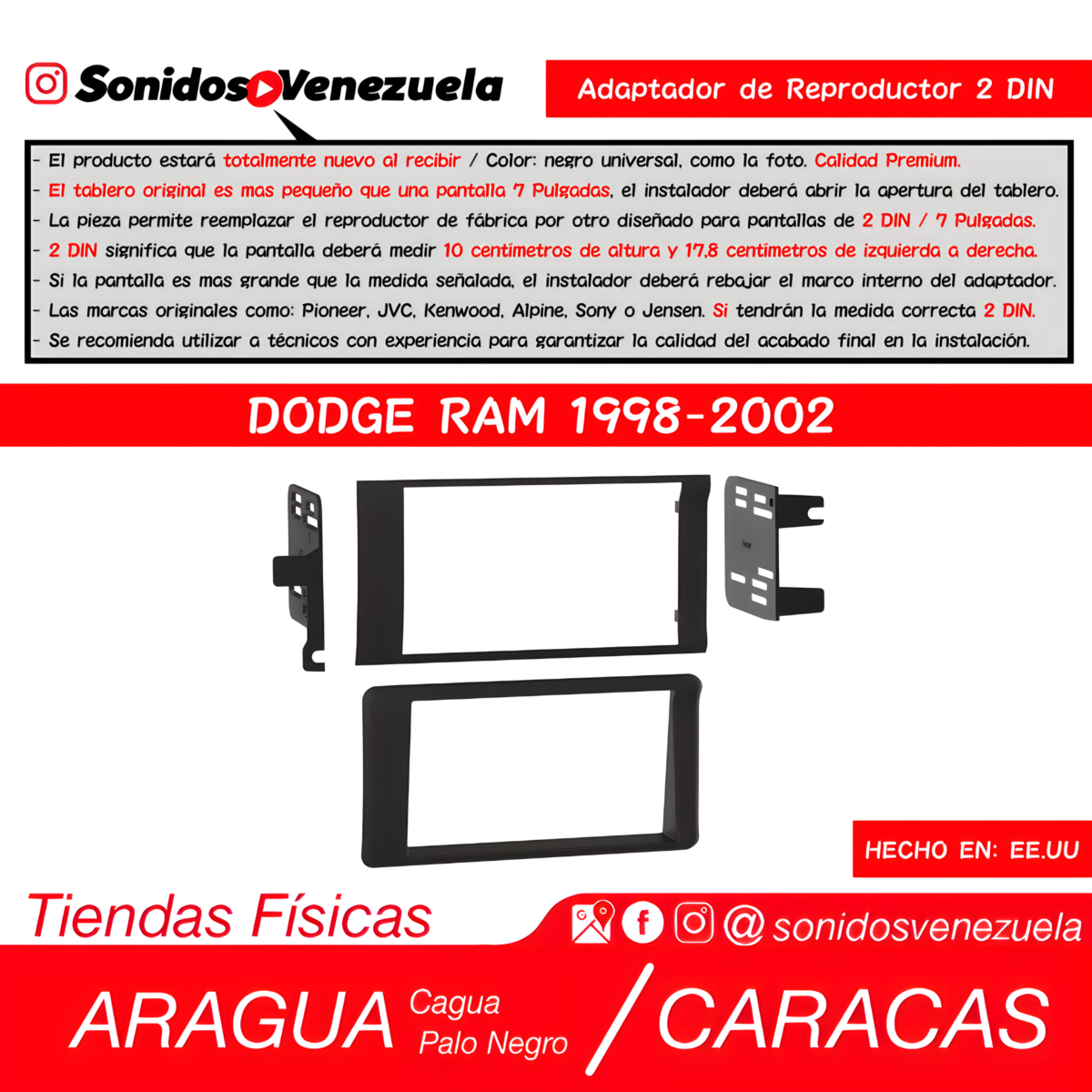 Adaptador De Reproductor 2 DIN Para Dodge Ram 1500 / 2500 / 3500 del 1998-2001