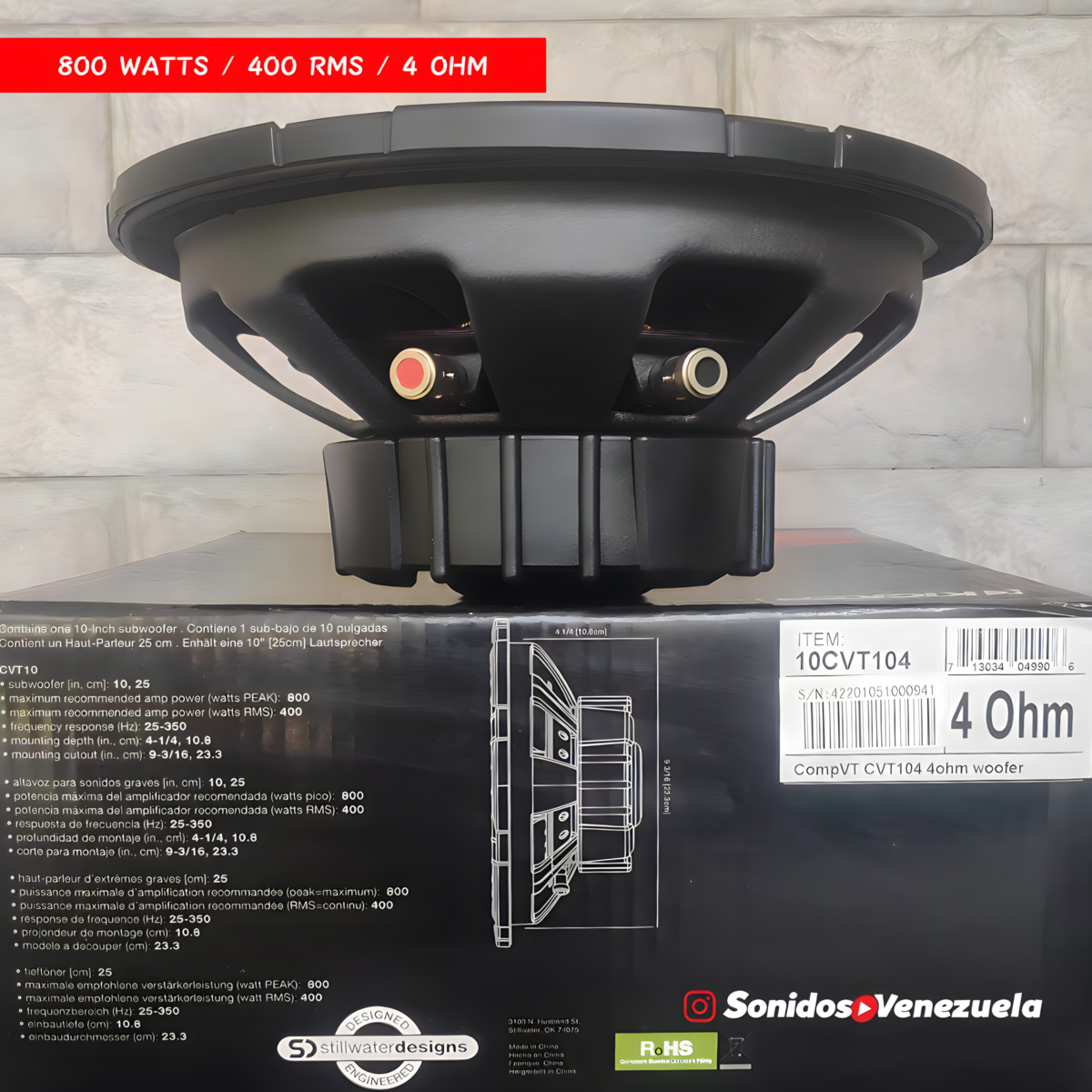 BAJO PLANO 10 PULGADAS KICKER COMPVT (CVT) DE 800 WATTS _ 400 RMS A 4 OHM