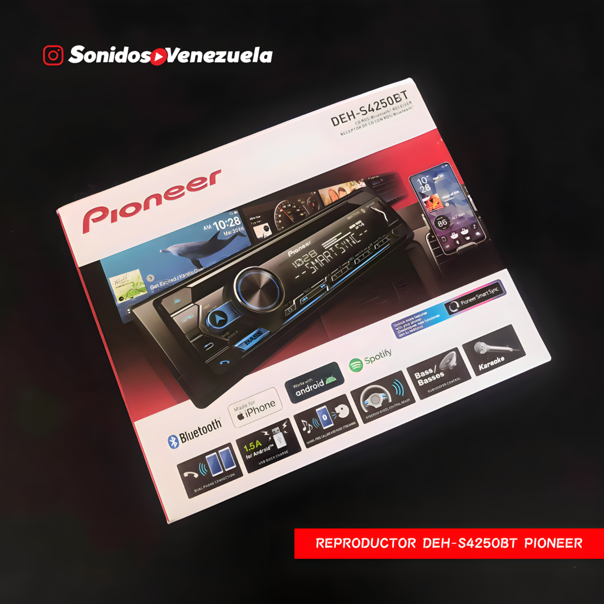 Reproductor 1 DIN Pioneer DEH-S4250BT Gama Media Alta Con CD Bluetooth, USB, Auxiliar 3.5mm, Radio, Control