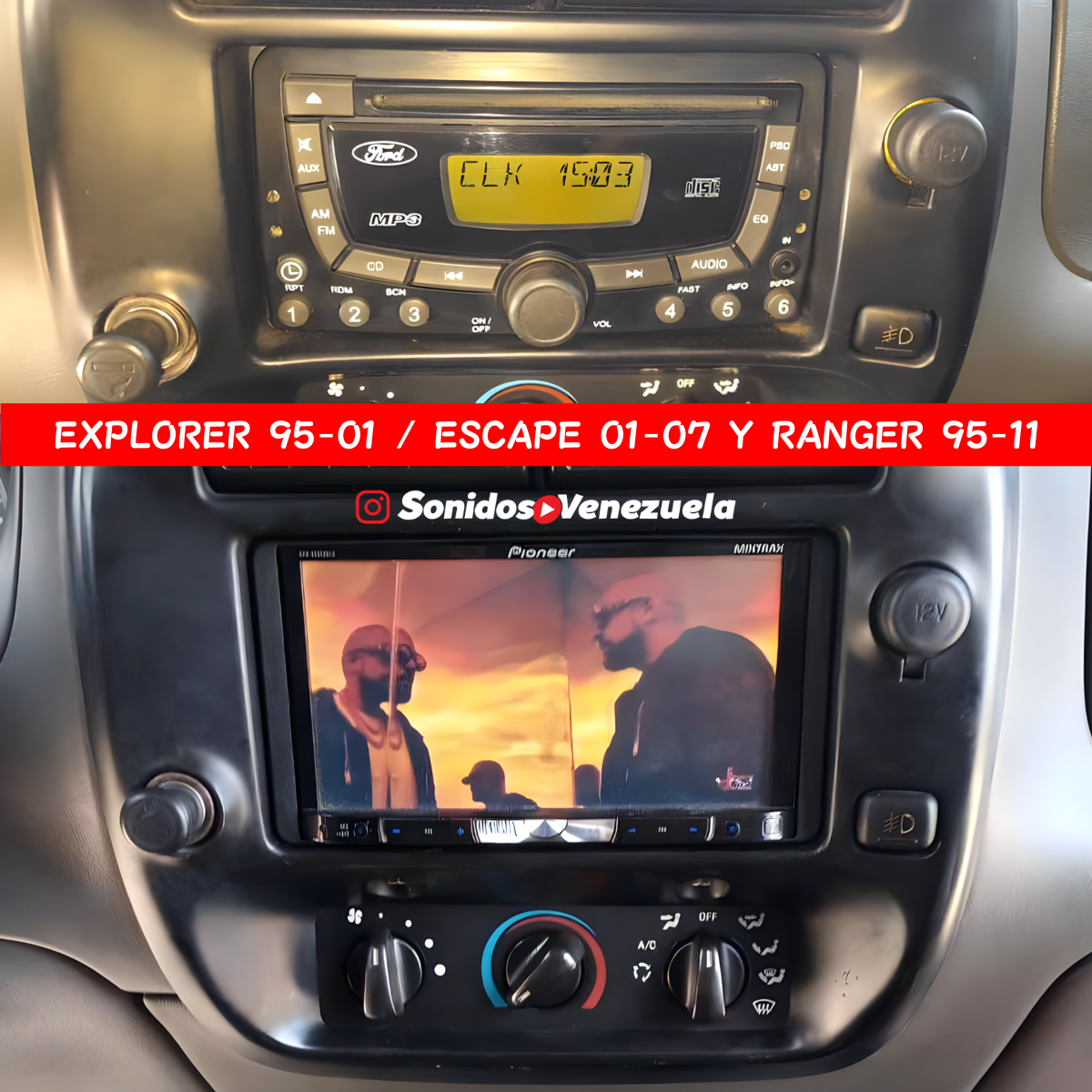 Referencia visual del adaptador 2 DIN en Ford Explorer 1995-2001, Escape 2001-2007 y Ranger 1995-2011