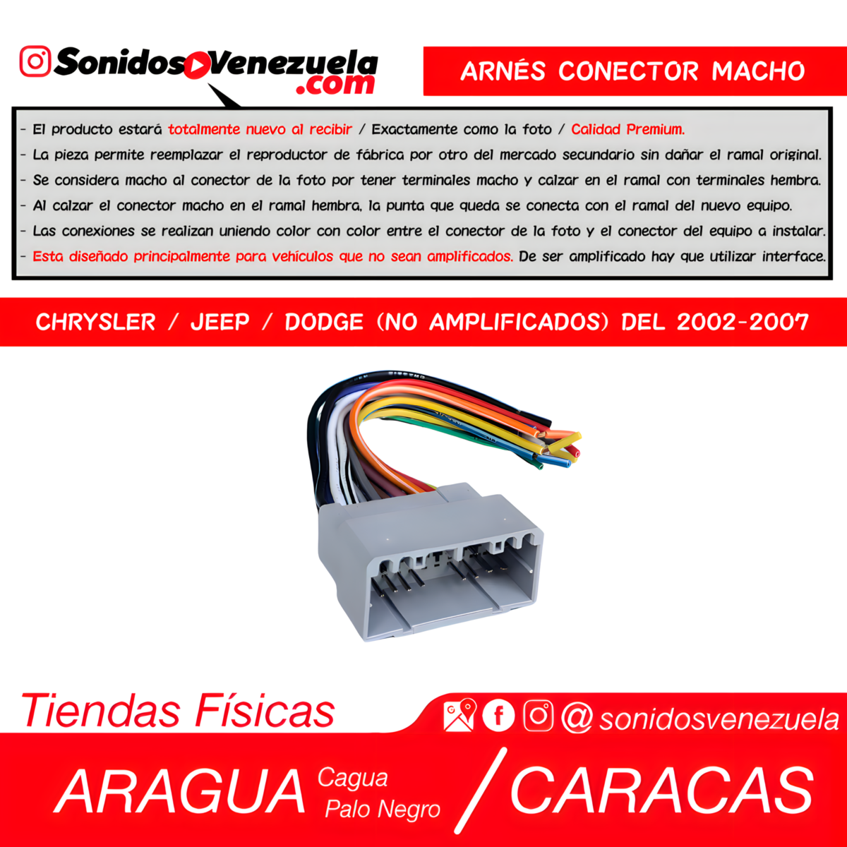 Arnés Conector Macho Para Chrysler / Jeep / Dodge (Versión No Amplificada) del 2002 al 2007