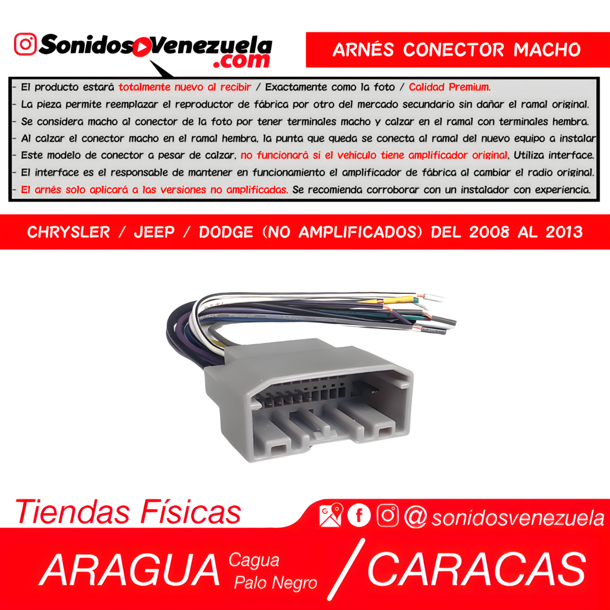 Arnés Conector Macho Para Chrysler / Jeep / Dodge (Versión No Amplificada) del 2008 al 2013