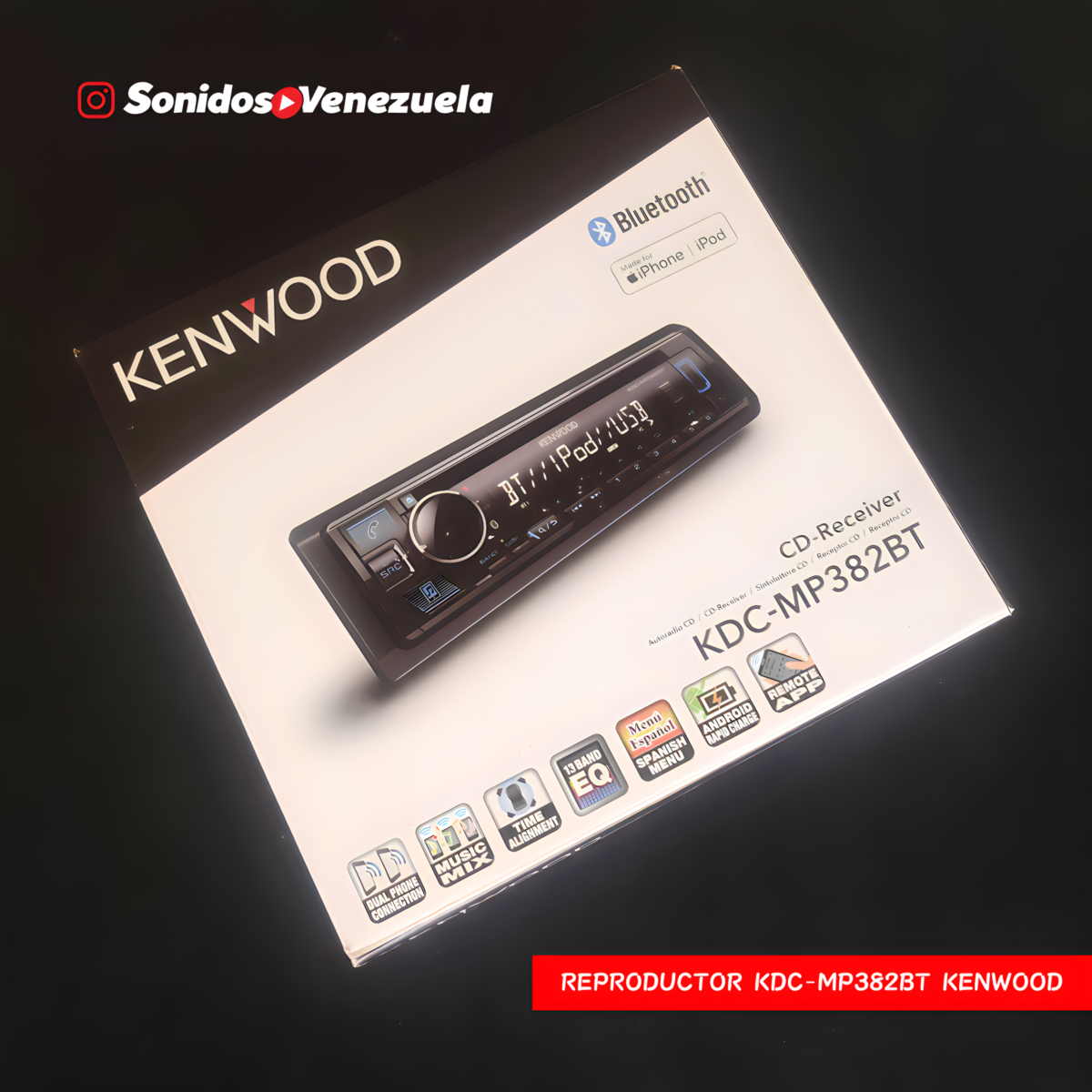Reproductor 1 DIN Kenwood KDC-MP382BT Gama Media Alta Con CD Bluetooth, USB, Radio, Control