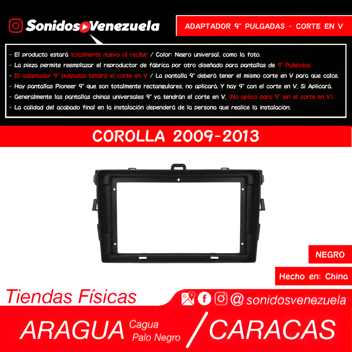 Adaptador 9 Pulgadas Para Toyota Corolla 2009-2013 (Negro)