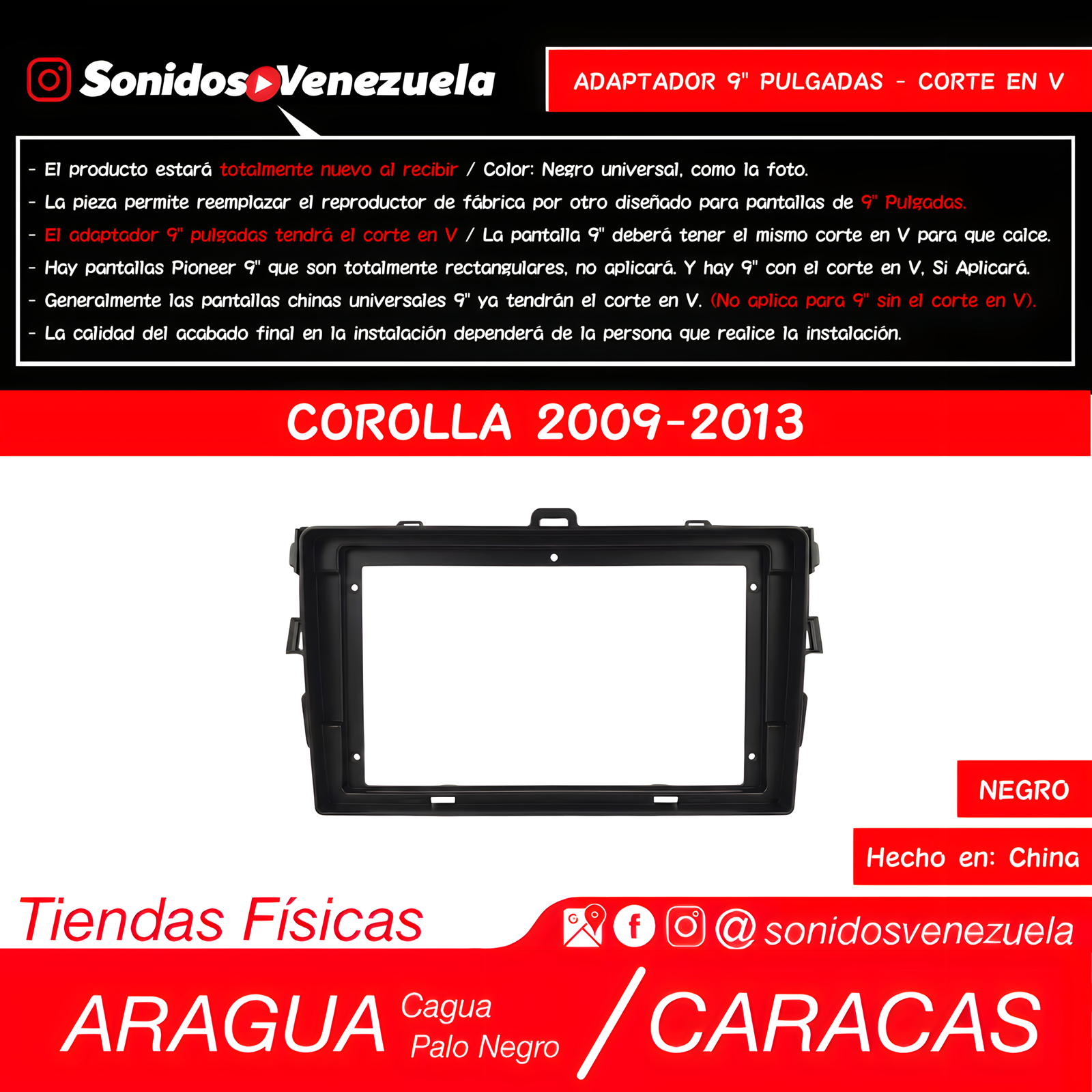 Adaptador 9 Pulgadas Para Toyota Corolla 2009-2013 (Negro)