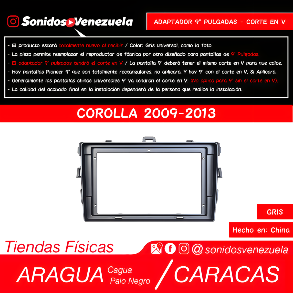 Adaptador 9 Pulgadas Para Toyota Corolla 2009-2013 (Gris)