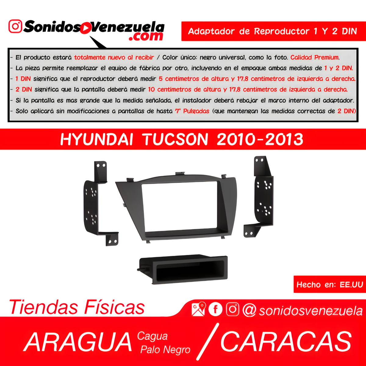 Adaptador de Reproductor 1 y 2 DIN Para Hyundai Tucson 2010-2013