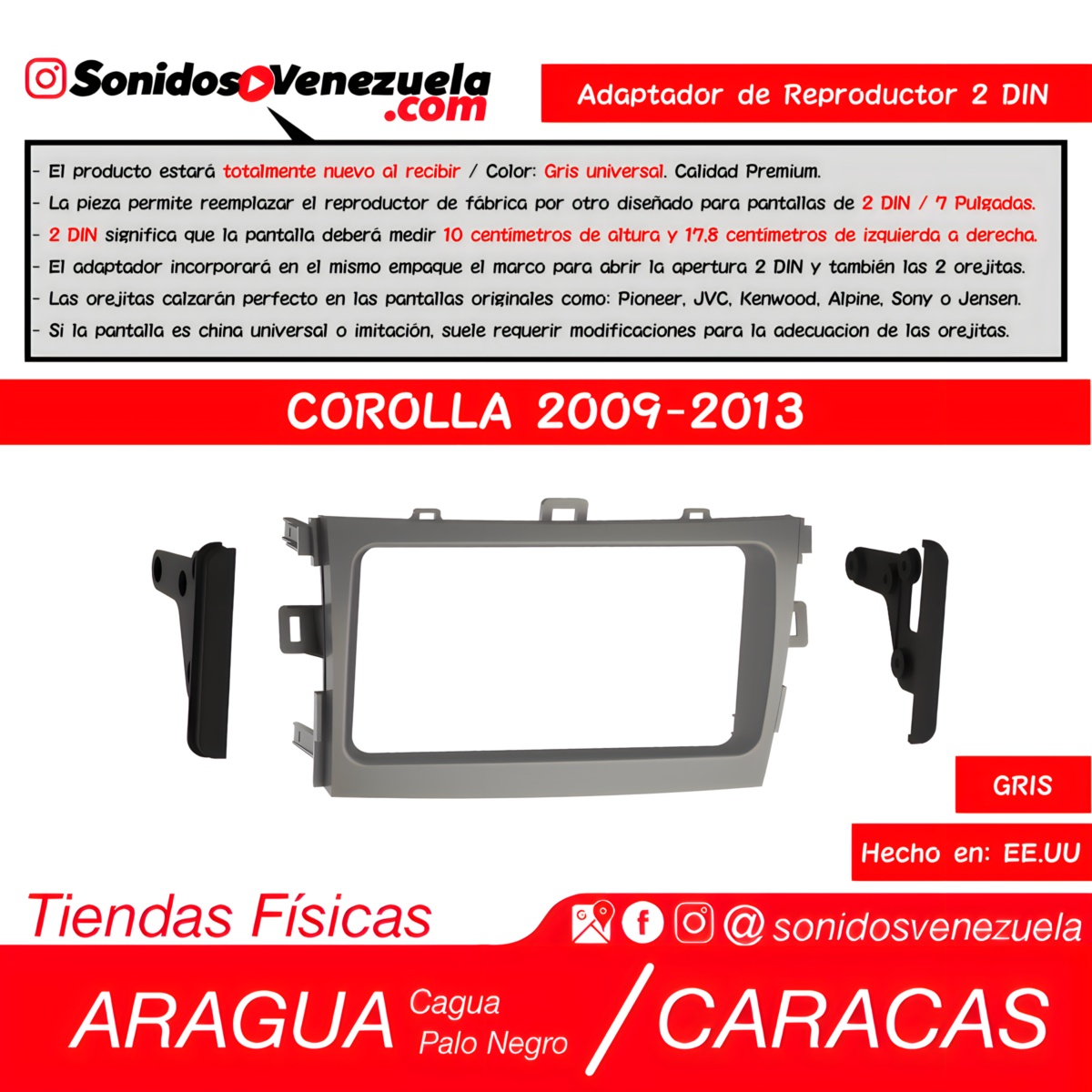 Adaptador de Reproductor 2 DIN Para Toyota Corolla 2009-2013 (Gris)