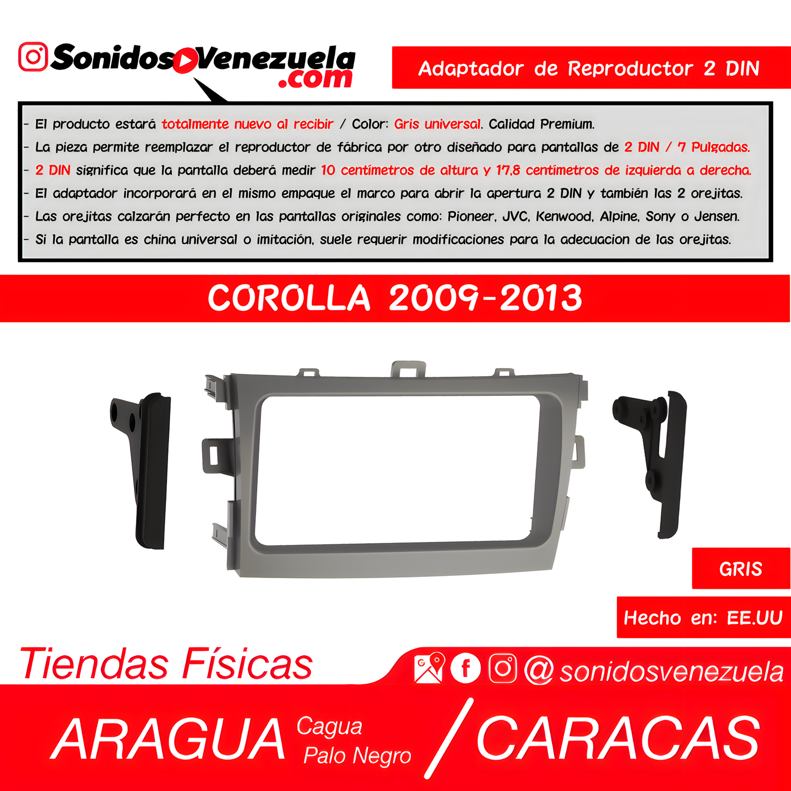 Adaptador de Reproductor 2 DIN Para Toyota Corolla 2009-2013 (Gris)