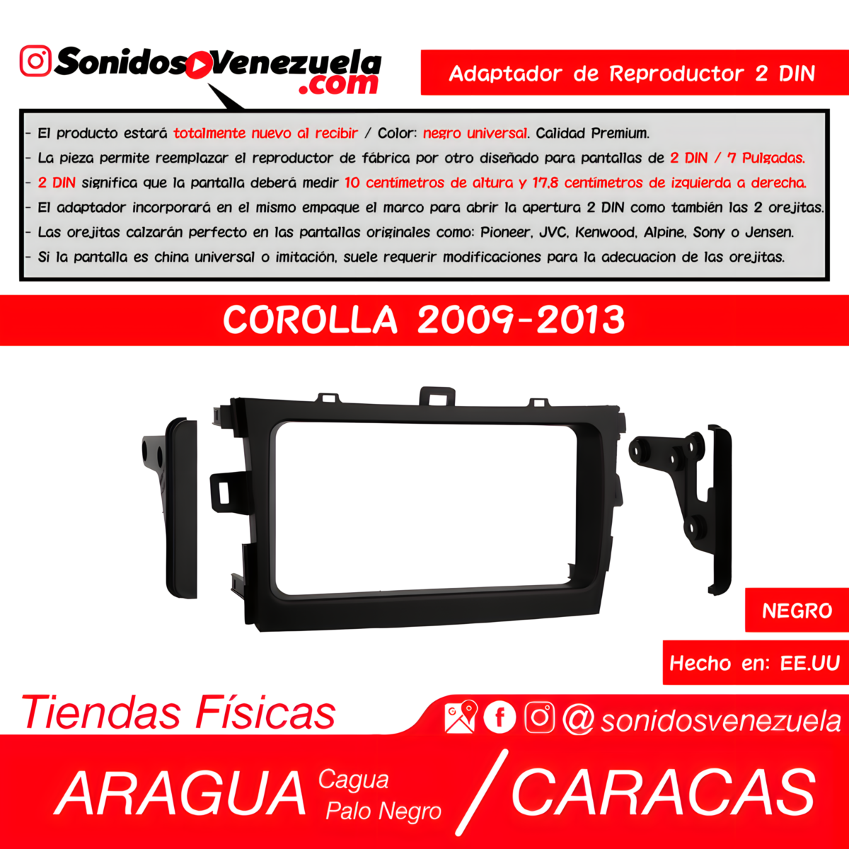 Adaptador de Reproductor 2 DIN Para Toyota Corolla 2009-2013 (Negro)
