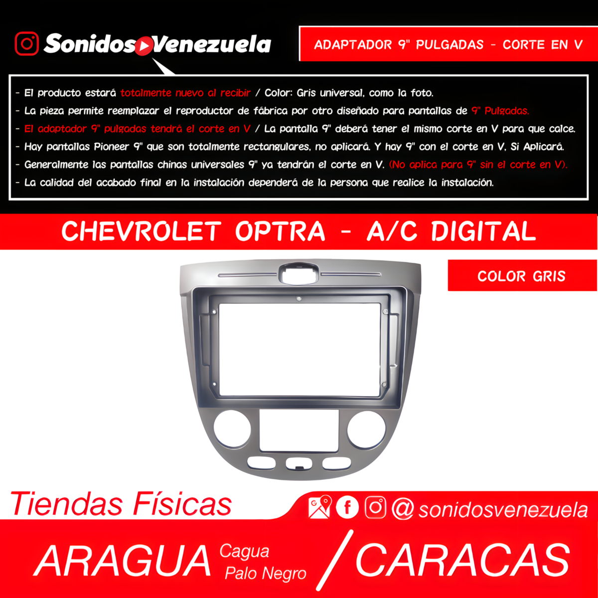 Adaptador 9 Pulgadas Para Chevrolet Optra Con A/C Digital (Gris)