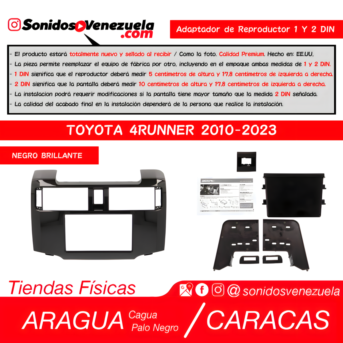 Adaptador de Reproductor 1 y 2 DIN Para Toyota 4Runner 2010-2023 (Negro)