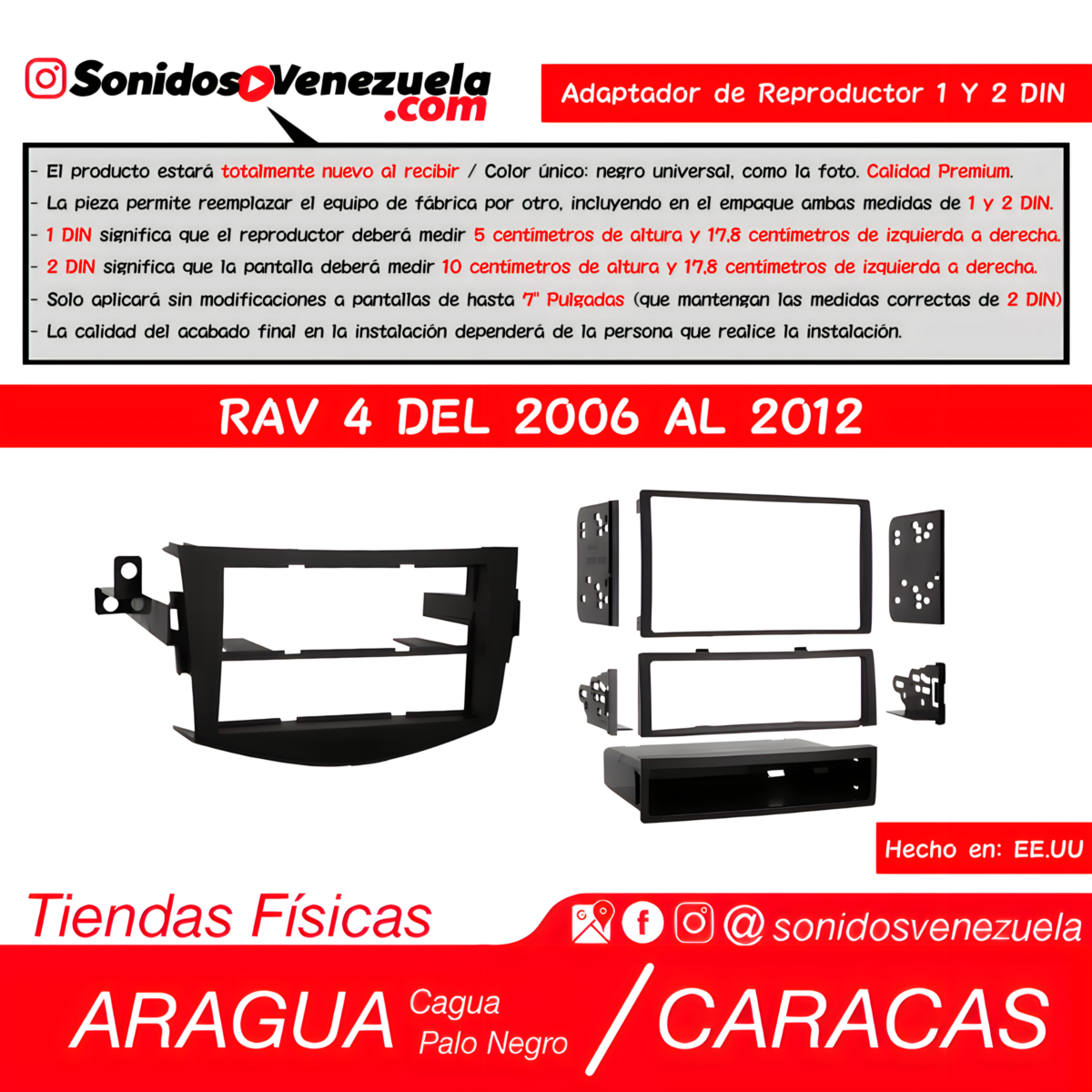 Adaptador de Reproductor 1 y 2 DIN Para Toyota RAV4 del 2006 al 2012