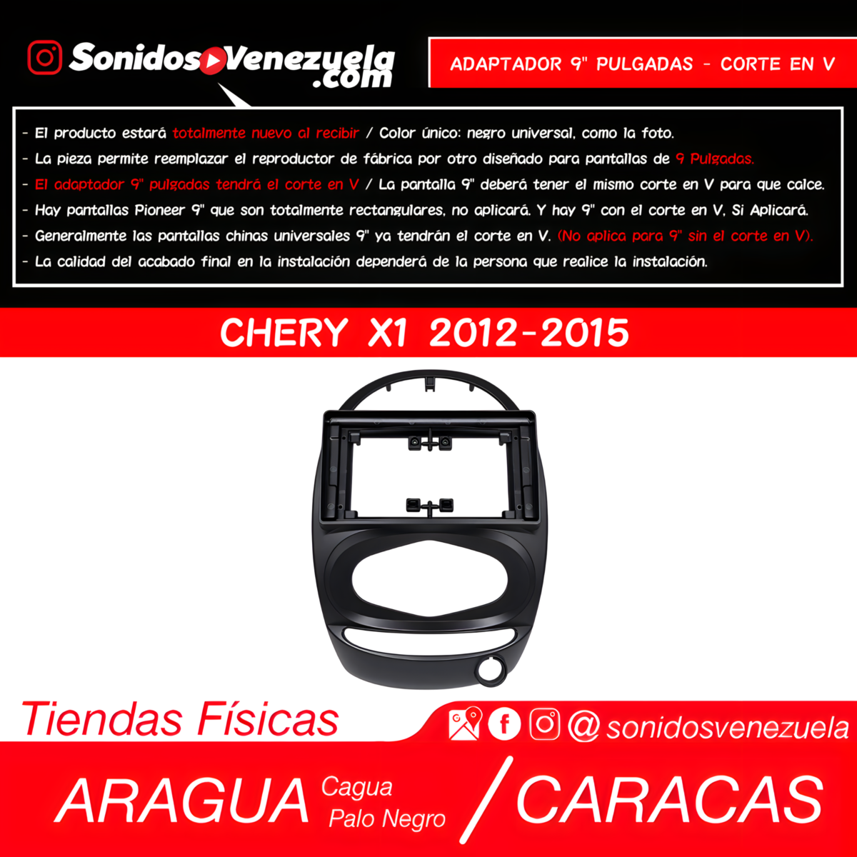 Adaptador de 9 Pulgadas Para Chery X1 del 2012 al 2015